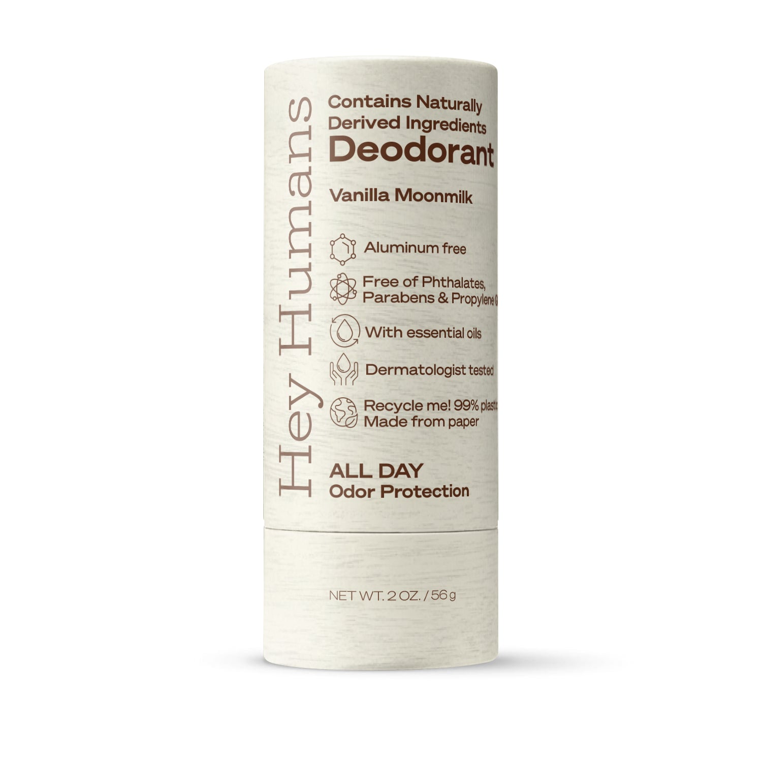 Hey Humans deodorant stick with vanilla moonmilk flavor on a white background