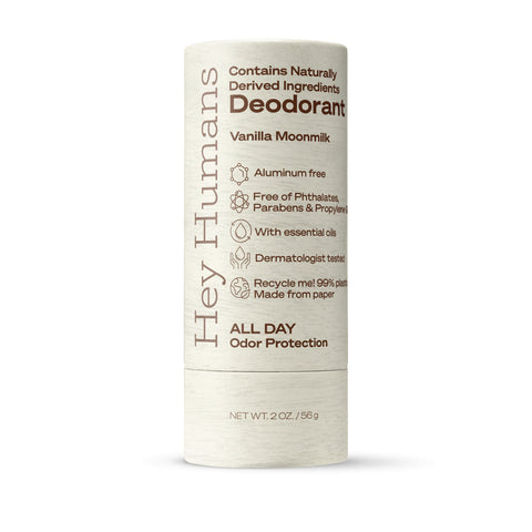 Hey Humans deodorant stick with vanilla moonmilk flavor on a white background